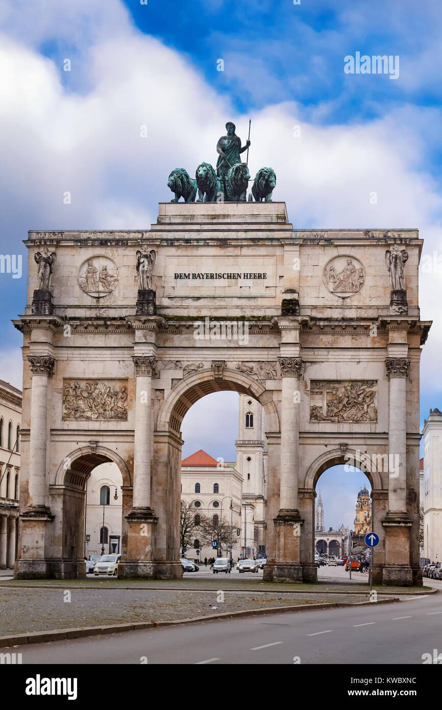 Victory Gate (Siegestor) in Munich, triumphal arch with a statue of ...