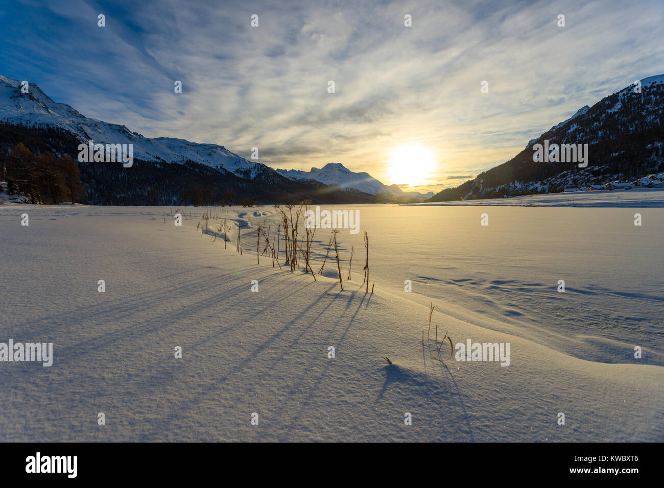 Frozen lake at Samedan Stock Photo