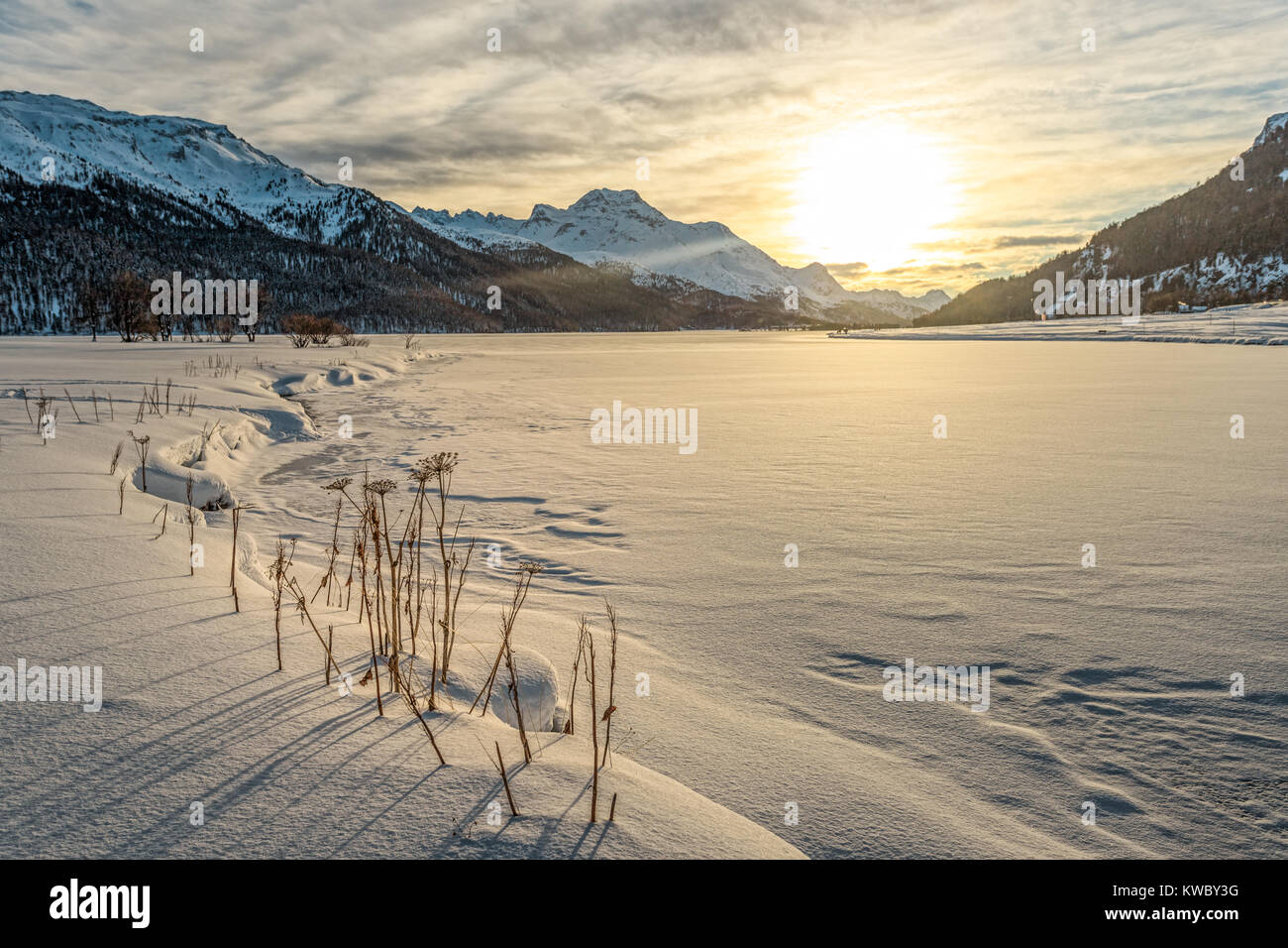 Frozen lake at Samedan Stock Photo