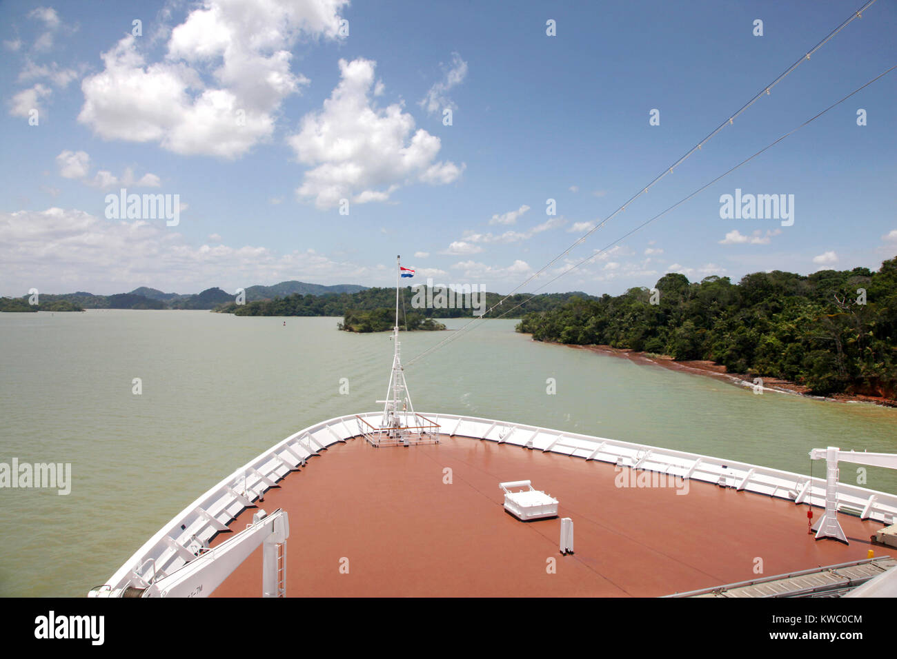 Bow of cruise ship sailing across the Gatun Lake, on the Panama Canal ...