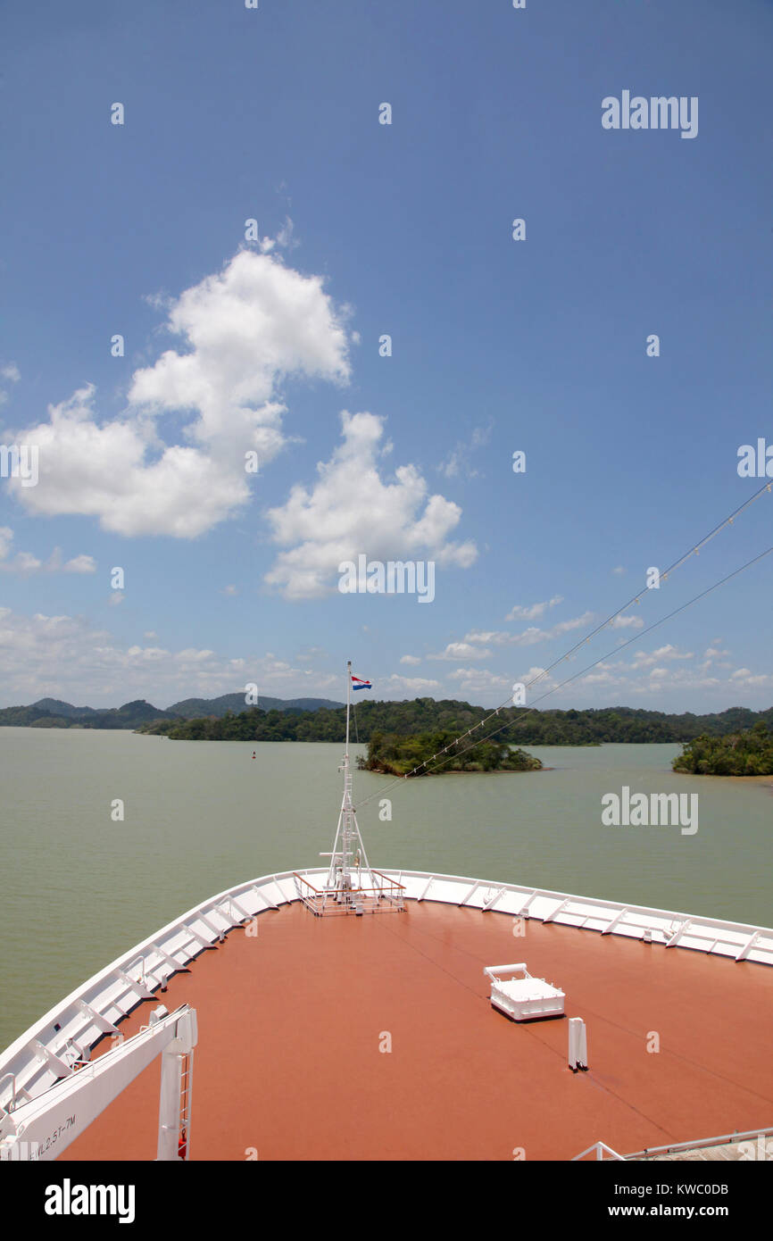 Bow of cruise ship sailing across the Gatun Lake, on the Panama Canal ...