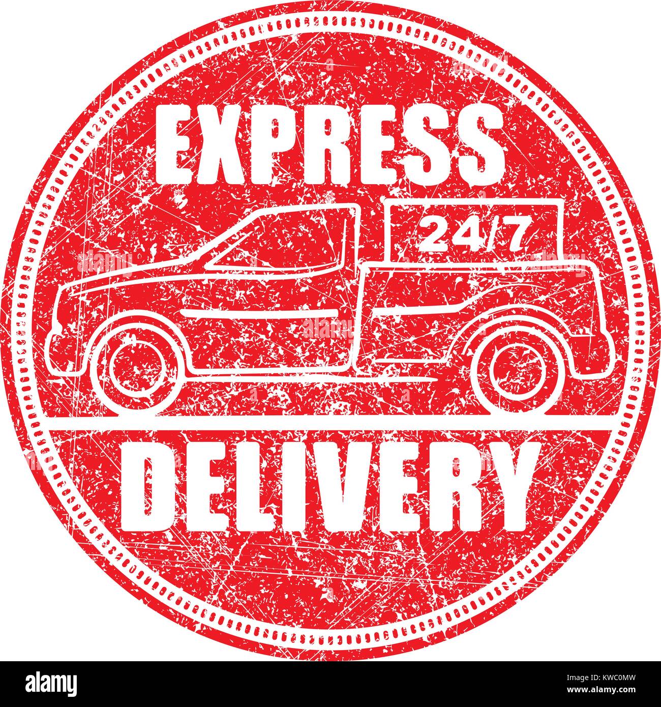 Express delivery 24/7 red rubber stamp design with silhouette of pickup