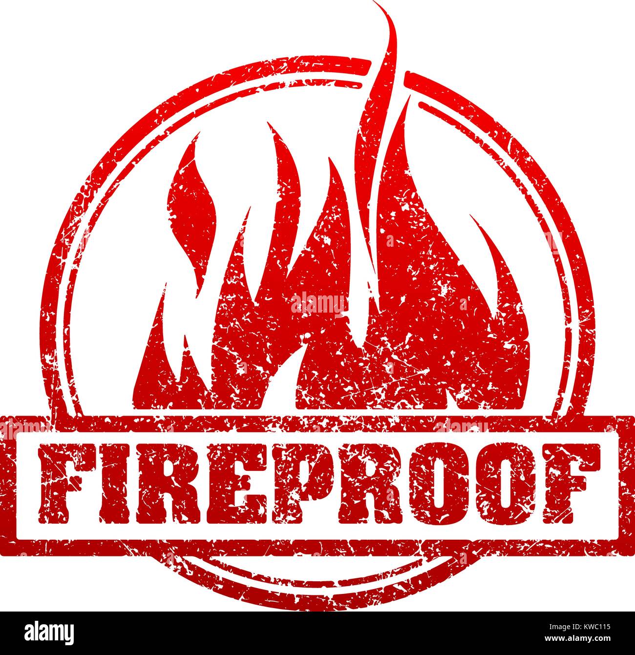 Abstract red grunge rubber stamp with caption FIREPROOF and blazing fire Stock Vector