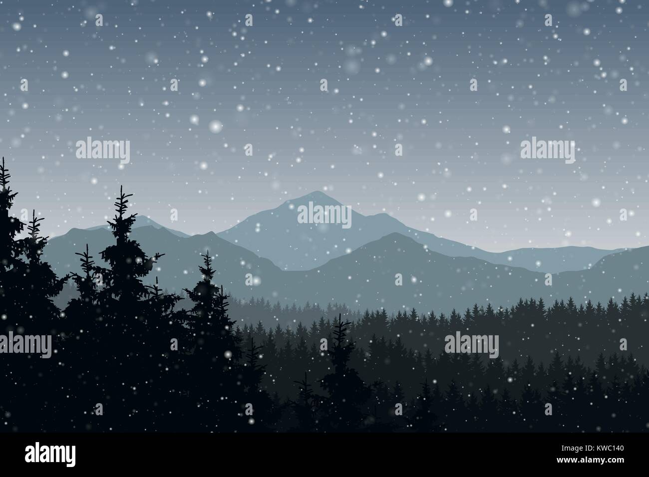 Vector illustration of winter mountain landscape with forest and ...