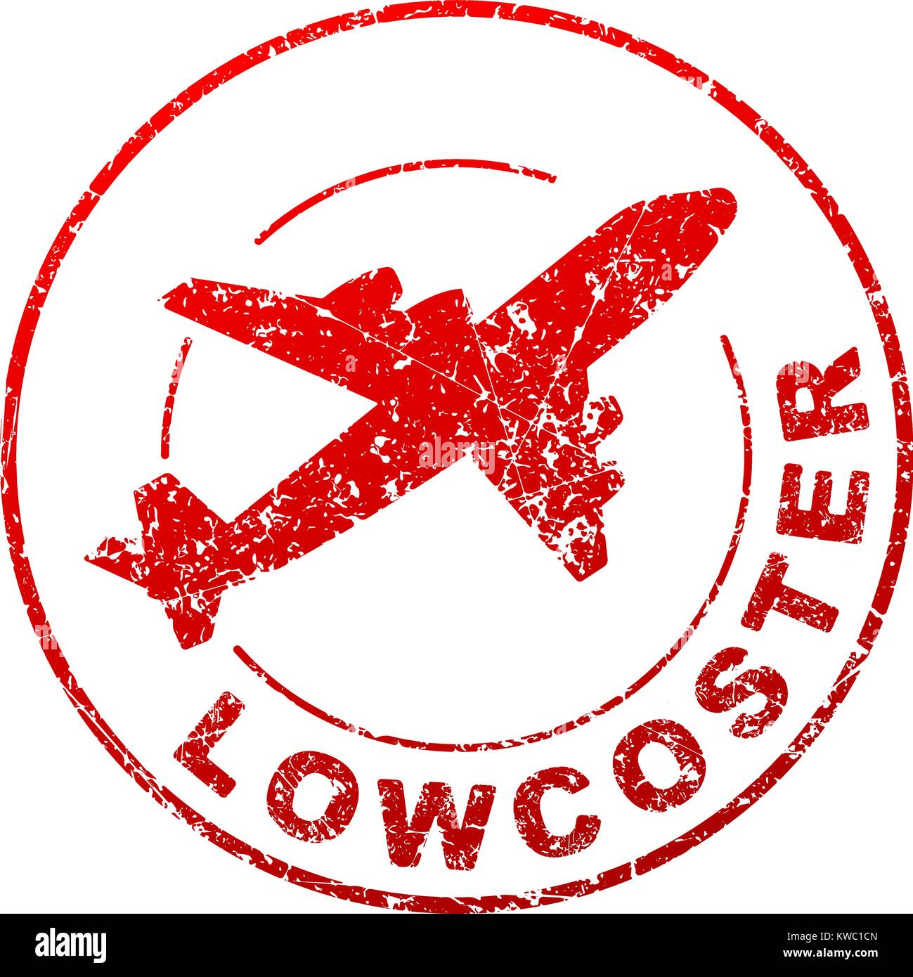 Lowcoster red vector grunge style rubber stamp with silhouette of flying airplane. Stock Vector