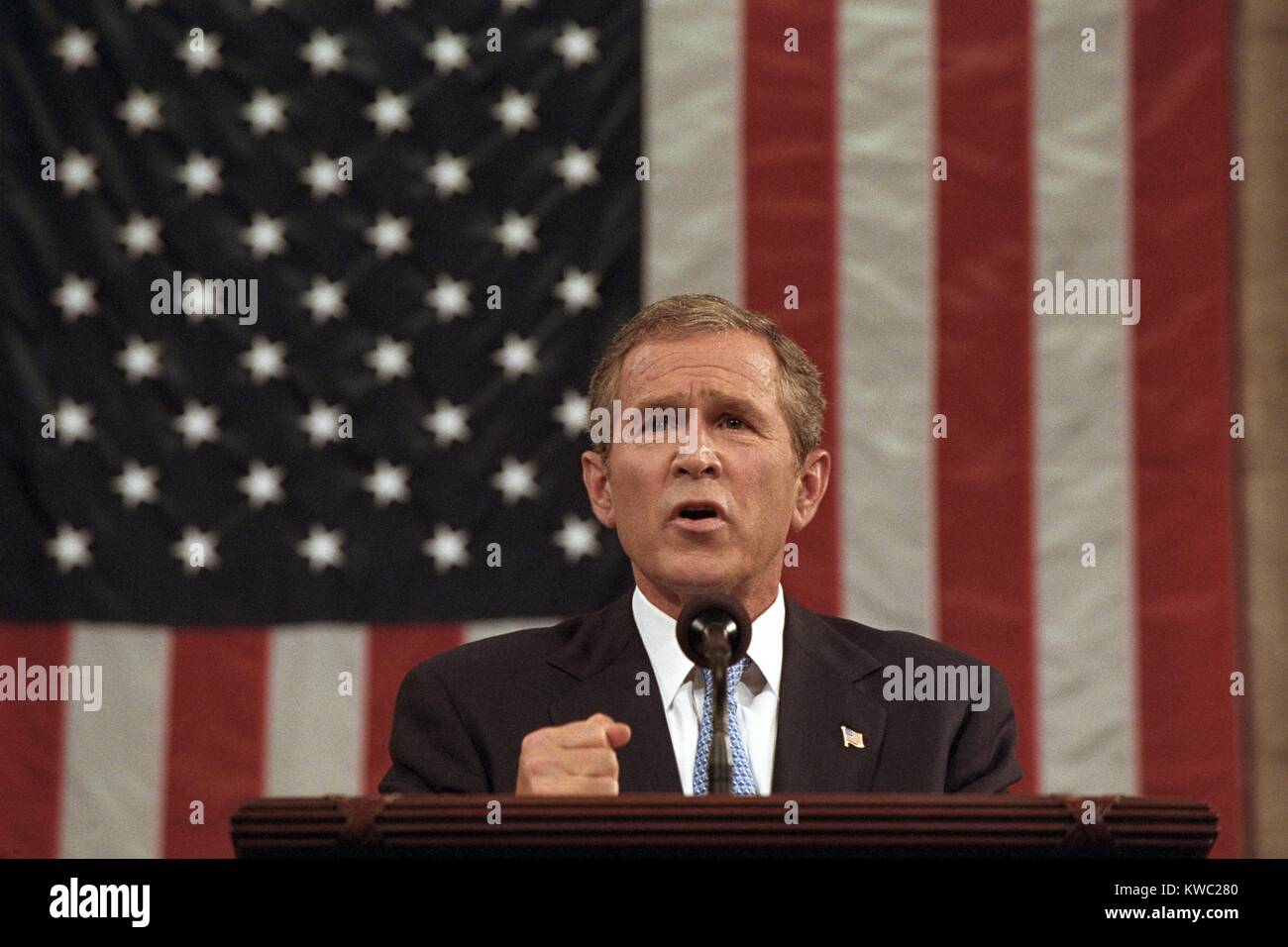 President George W. Bush announced that 'Our war on terror begins with Al Qaeda, but it does not end there. It will not end until every terrorist group of global reach has been found, stopped and defeated.' On Sept. 20, 2001, to a Joint Session of Congress, 9 days after the 9-11 Terrorist Attacks. (BSLOC 2015 2 166) Stock Photo