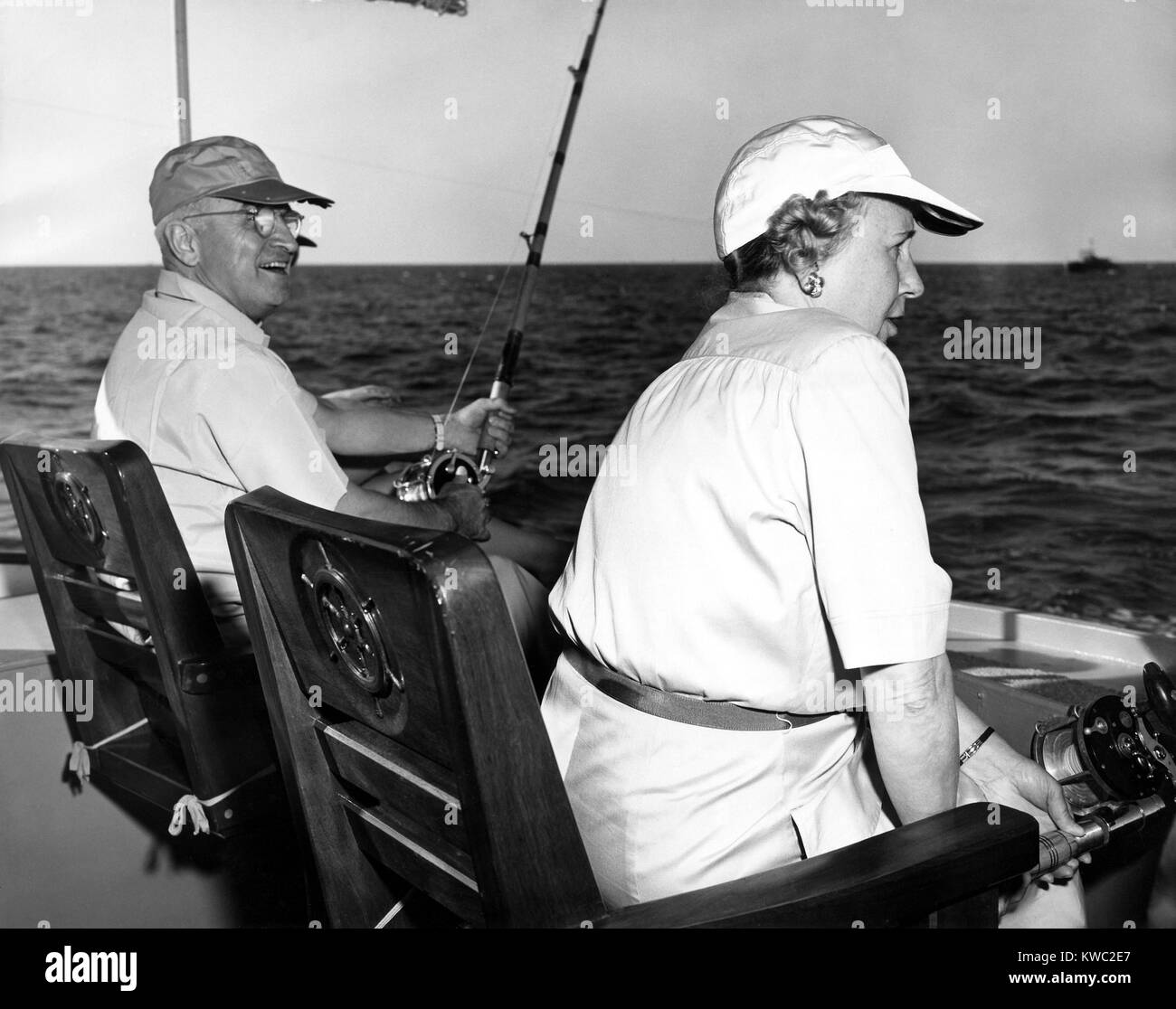 President Harry and Bess Truman Fishing near Key West, Florida, Dec. 2, 1949. They spent 11 working vacations, 175 days in all, at the 'Little White House' during his presidency. (BSLOC 2015 2 235) Stock Photo