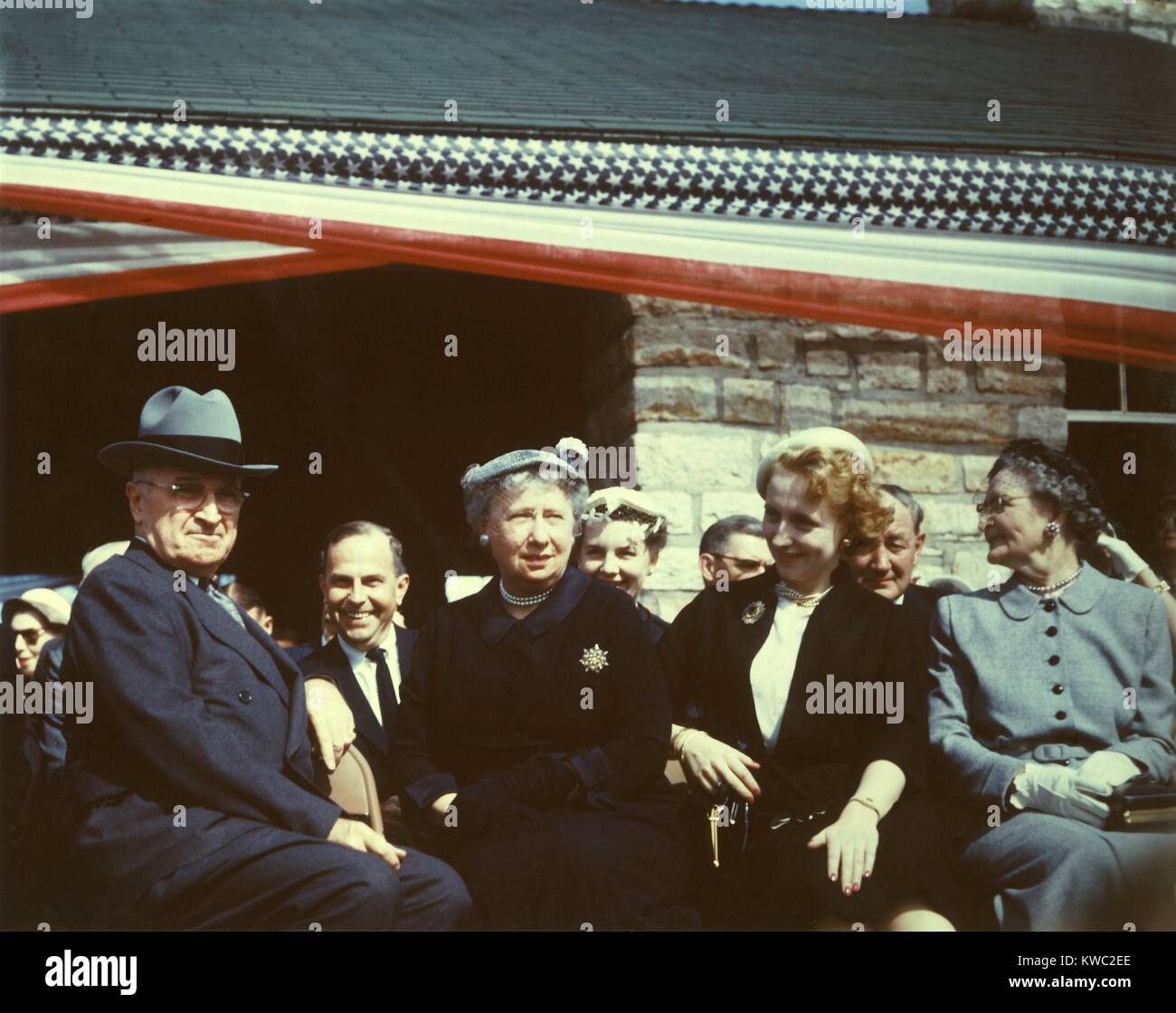 Truman Presidential Library Ground Breaking, May 8, 1955. L-R: Former President Harry Truman, Bess Truman, and Margaret Truman. (BSLOC 2015 2 240) Stock Photo