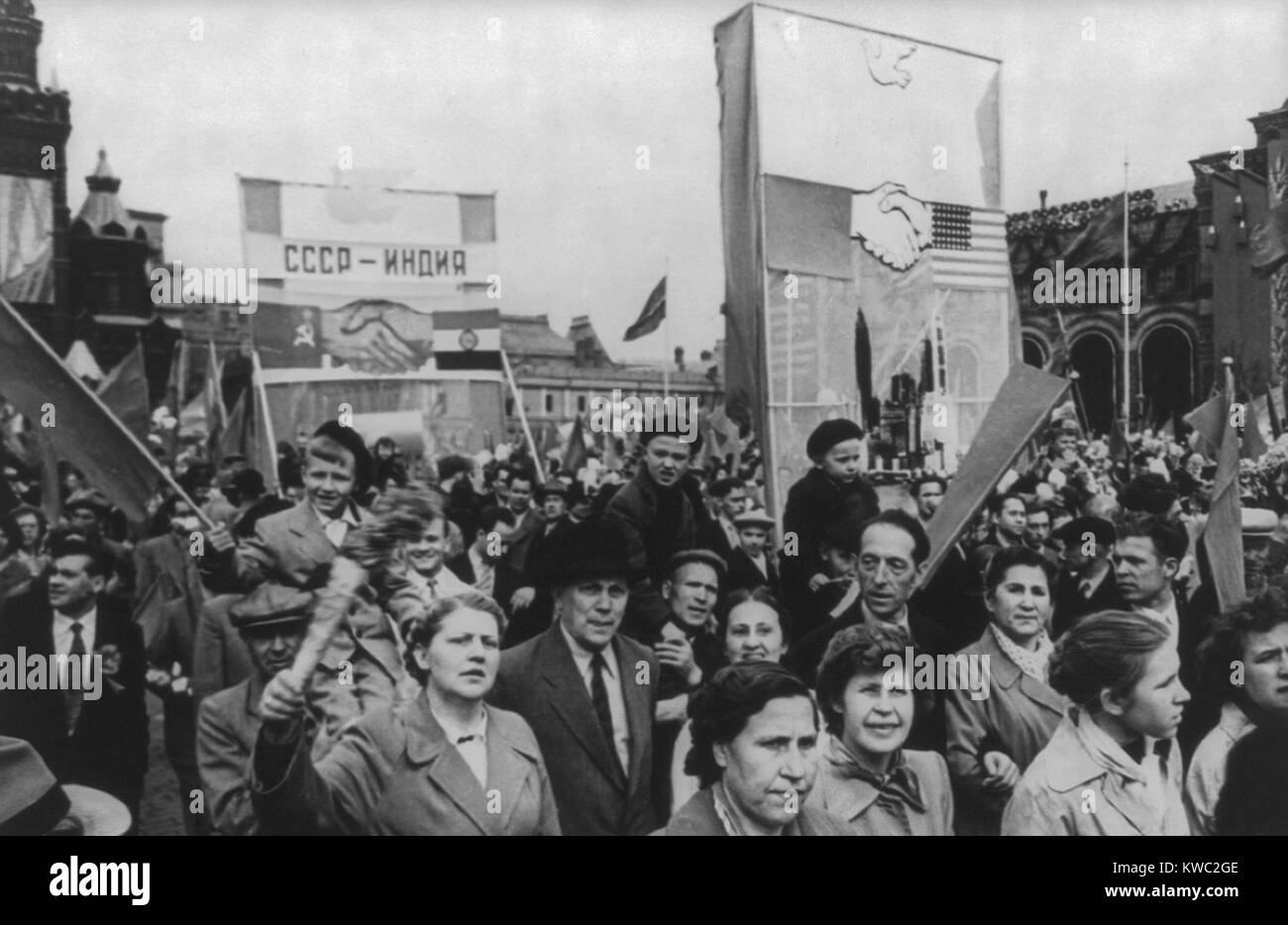 May Day celebration is Moscow, 1960. Communist demonstration of representatives of the working people on the Red Square. (BSLOC 2015 2 260) Stock Photo