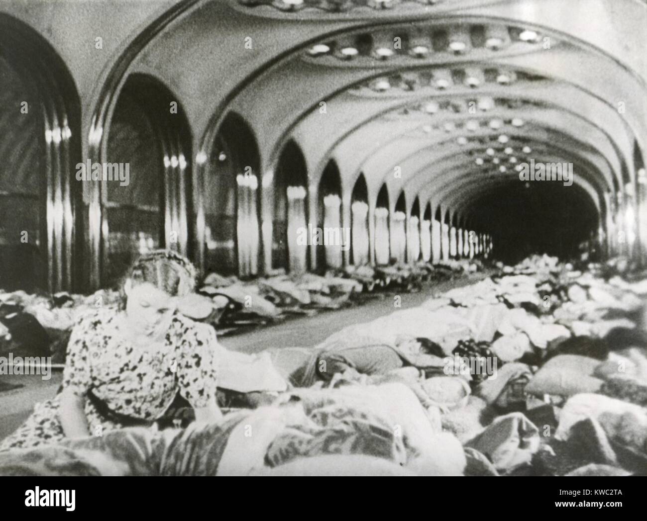 Moscow's subway stations were built for their possible use as air raid shelters. Civilians sleep in a underground station during the Battle of Moscow from Oct. 1941 to Jan. 1942. World War 2 (BSLOC 2015 13 107) Stock Photo