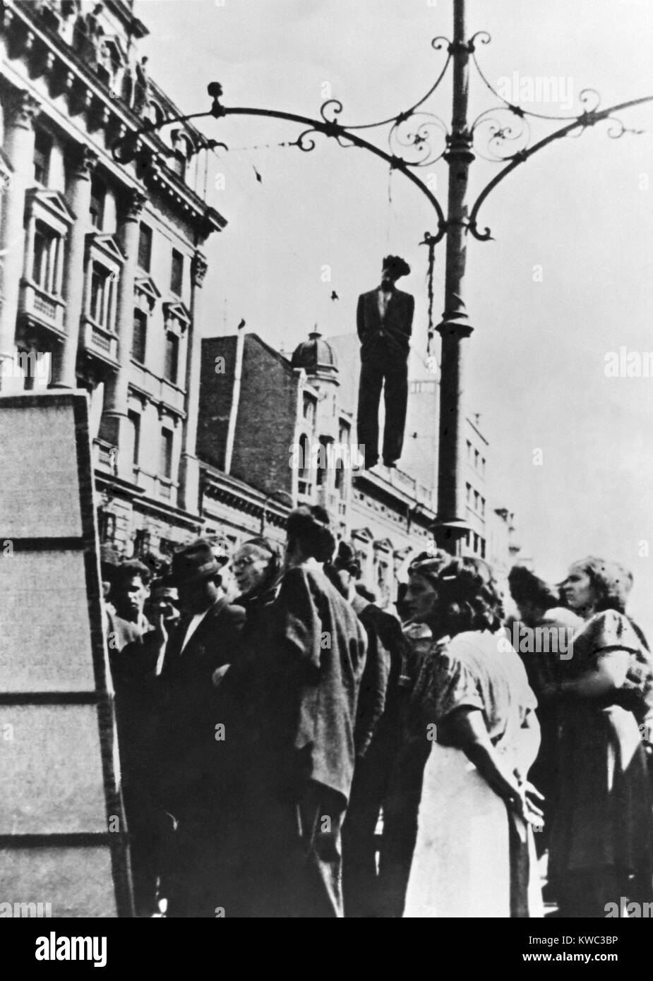 Yugoslavian partisan hanging from a lamp post on Milan St. in Belgrade during World War 2. Ca. 1941-44. (BSLOC 2015 13 33) Stock Photo