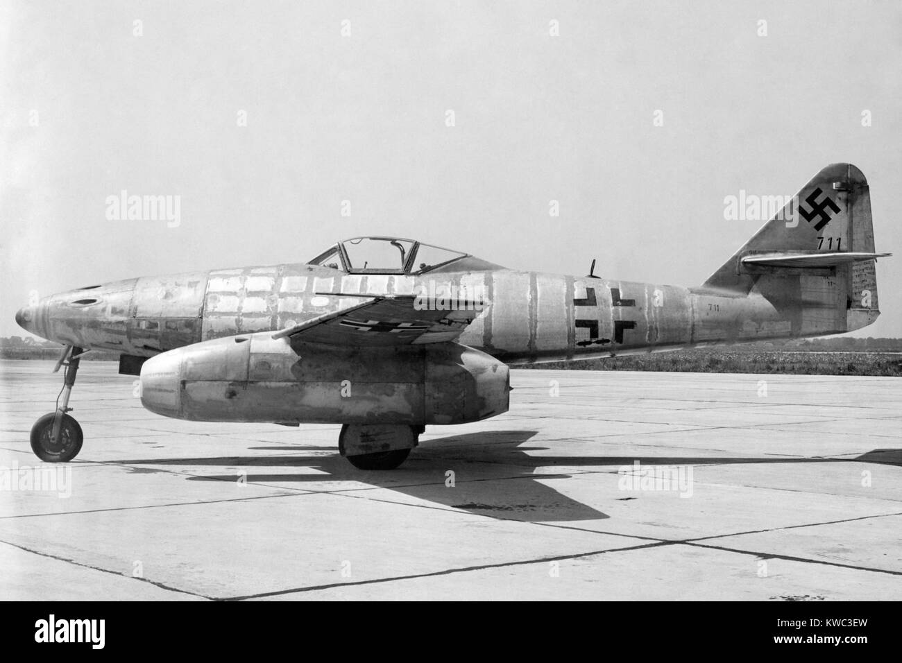 German Messerschmitt 262 jet-propelled plane in possession of the U.S. Air Force after World War 2. Side view. 1945. (BSLOC 2015 13 73) Stock Photo