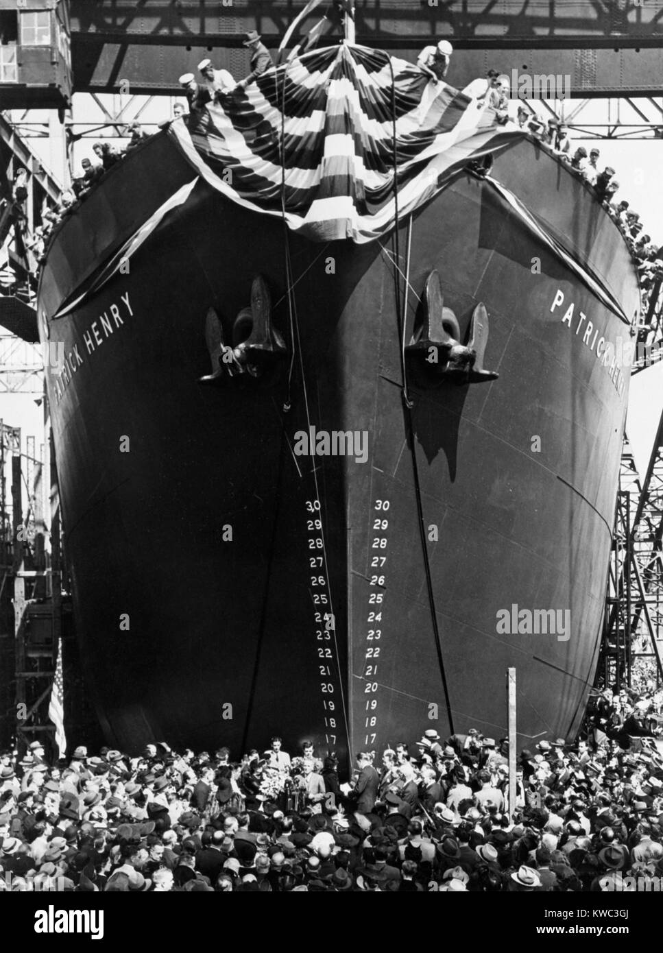 SS Patrick Henry was the first Liberty Ship launched on Sept. 27, 1941. During World War 2 she made 12 voyages to ports including Murmansk, Trinidad, Cape Town, Naples, and Dakar. Bethlehem-Fairfield Shipyard in Baltimore, Maryland. (BSLOC 2015 13 98) Stock Photo