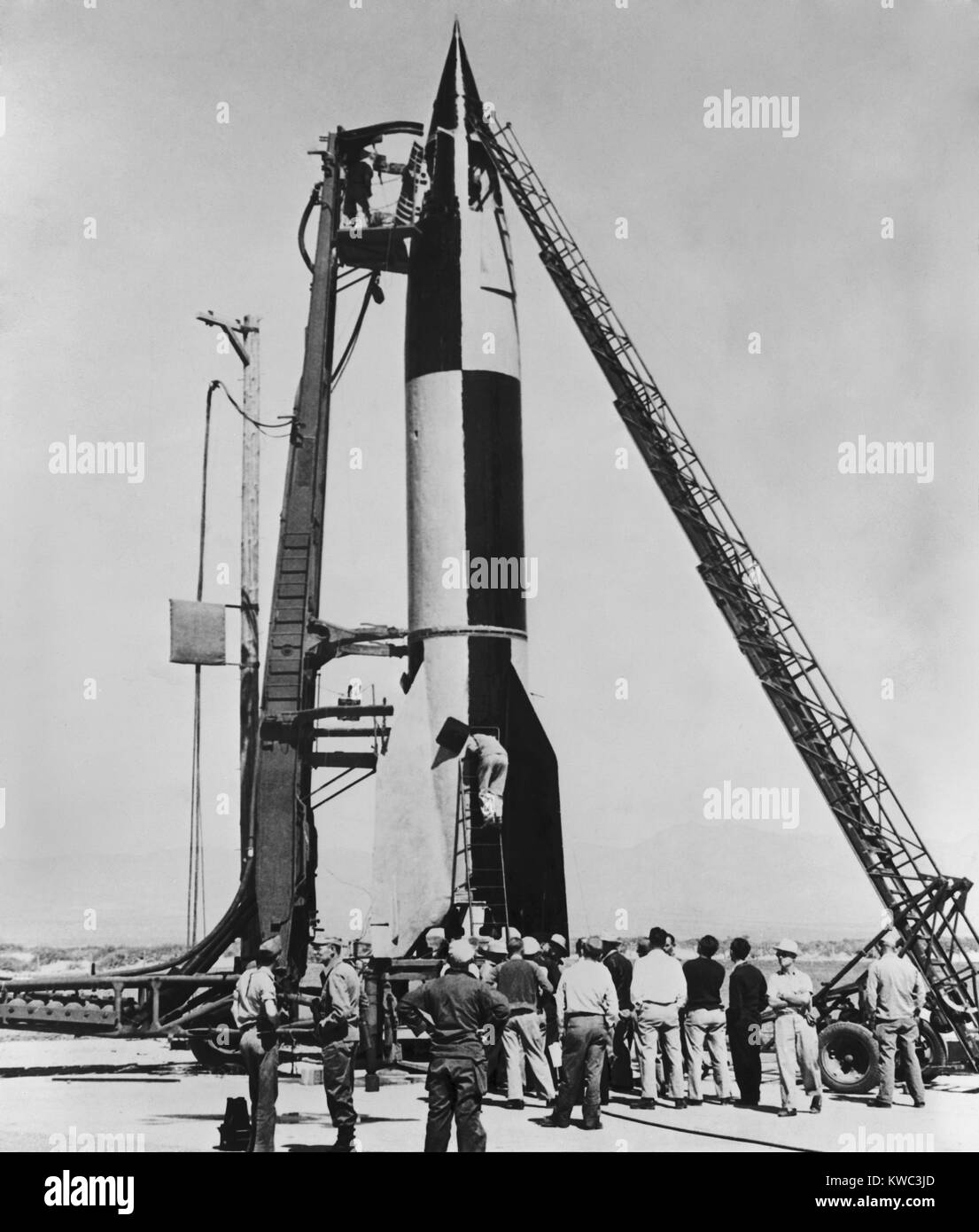 V-2 rocket, before launching at the U.S. Army proving grounds, White Sands, N.M. On May 7, 1946 its Flight-control instruments were adjusted on the launch pad. On May 10 it launched and reached an altitude of 112 kilometers, the first successful flight in the U.S. (BSLOC 2015 14 121) Stock Photo