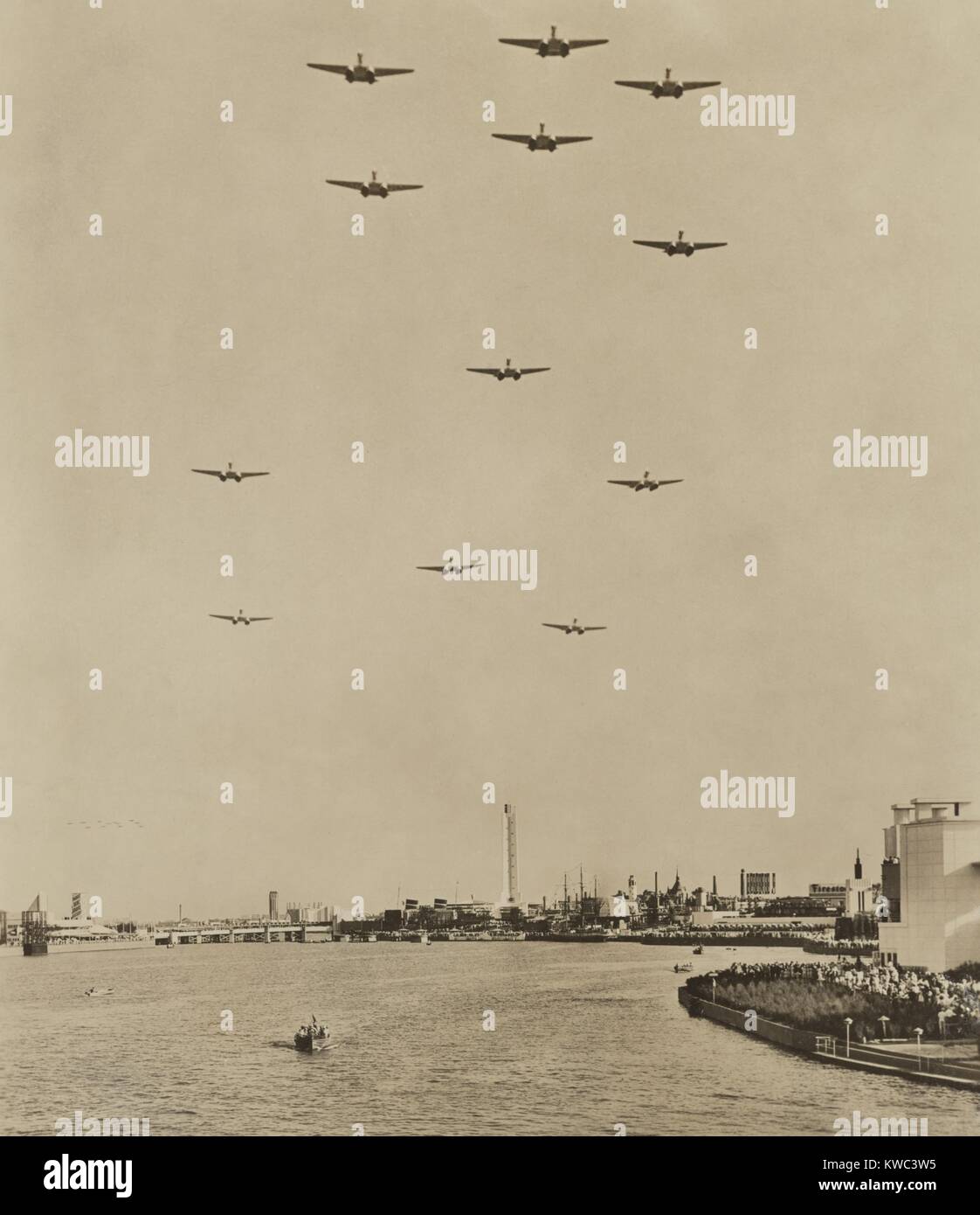 Italian flying boats fly over the Century of Progress exposition in Chicago, July 15, 1933. Led by aviator Italo Balbo, 24 planes completed a transatlantic flight from Rome to Chicago, landing on Lake Michigan near the fairgrounds. (BSLOC 2015 14 194) Stock Photo
