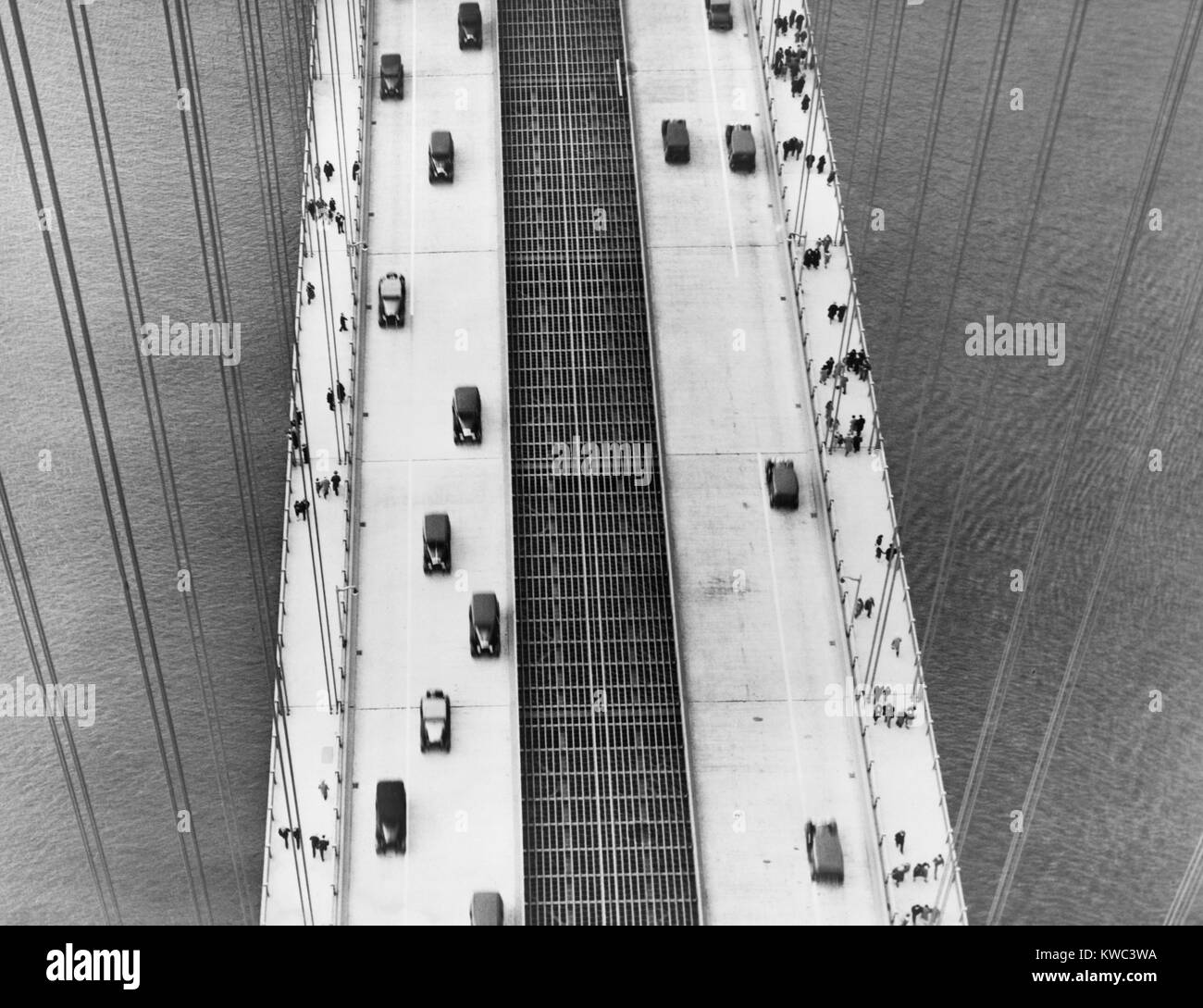 Aerial view of George Washington Bridge, New York City, in the 1930s. It open on October 24, 1931 and was the world's longest bridge until superseded by the Gold Gate Bridge in 1937. (BSLOC 2015 14 196) Stock Photo
