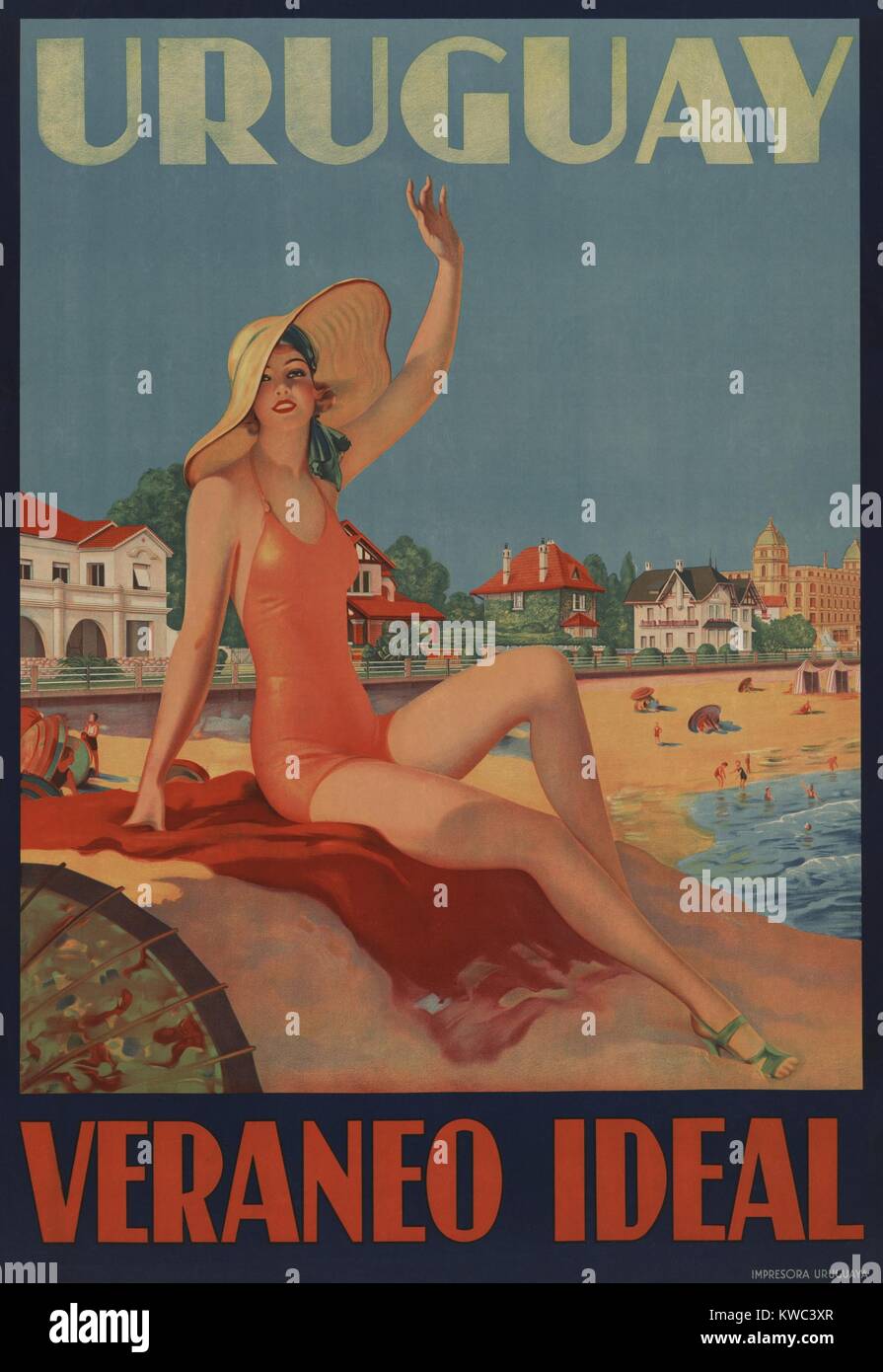 Uruguay, Veraneo Ideal. (Uruguay-Ideal Summer Holiday). 1930s travel poster shows a bathing beauty at the beach. (BSLOC 2015 14 208) Stock Photo