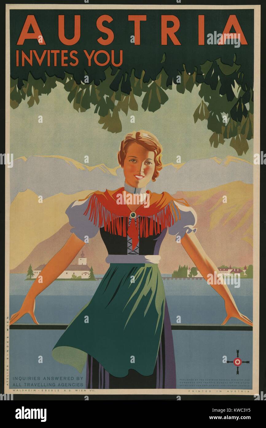 Austria Invites You! 1934 travel poster shows young woman in front of stylized village and mountains. (BSLOC 2015 14 212) Stock Photo