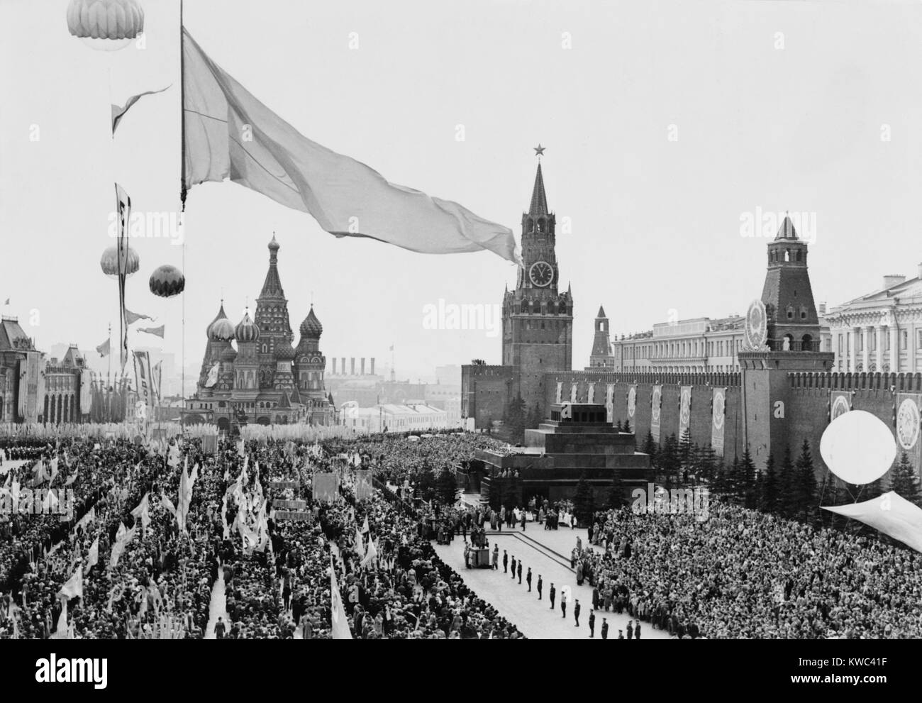 Moscow Celebration of May Day, 1960. Demonstrating Workers fill Red Square before Lenin's Tomb and the Kremlin Wall. (BSLOC 2015 14 3) Stock Photo