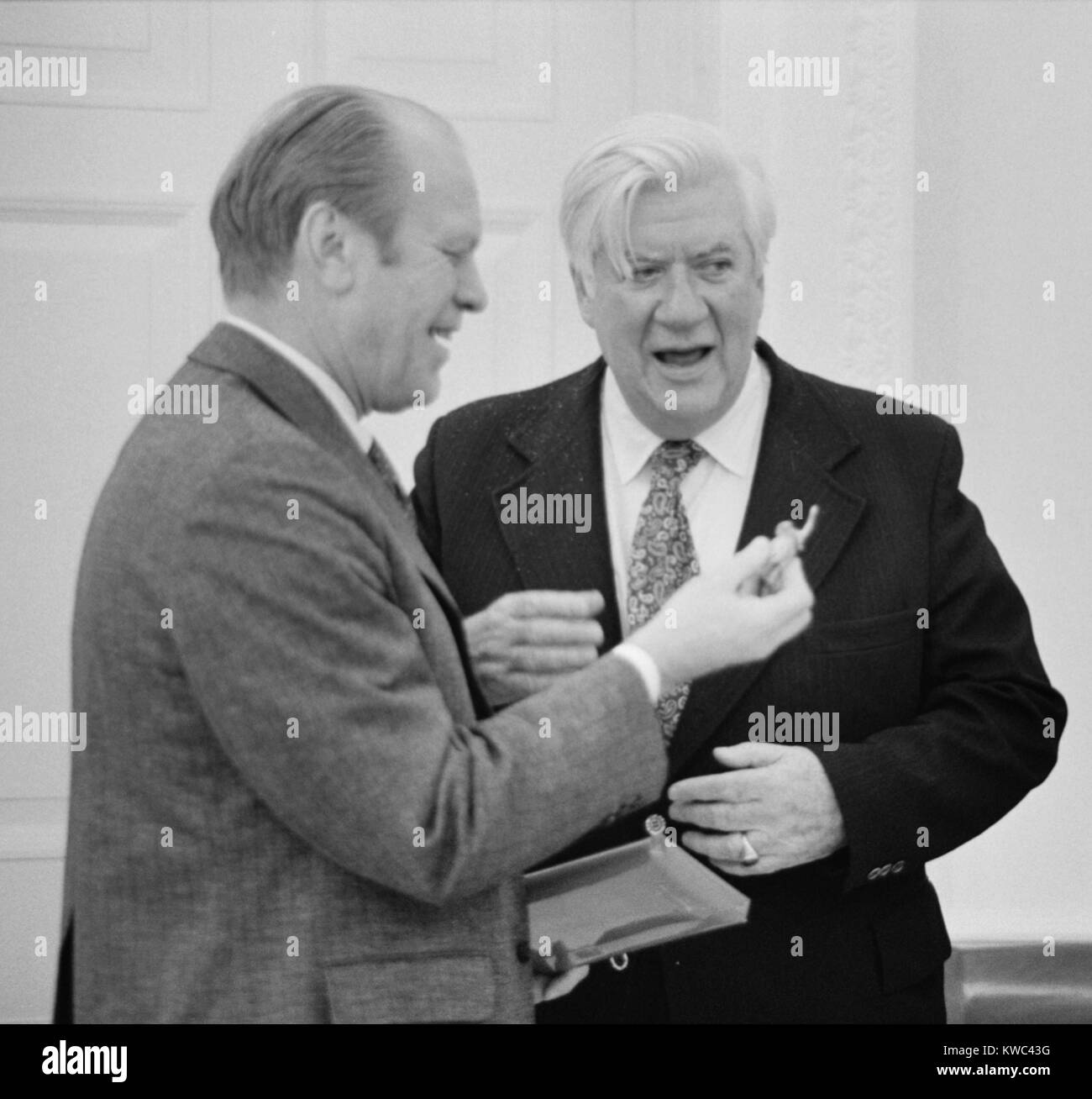 President Gerald Ford meeting with Tip O'Neill at the White House, Feb. 6, 1975. O'Neill was then Democratic House Majority Leader, and served as Speaker of the House from 1977-87. (BSLOC 2015 14 58) Stock Photo