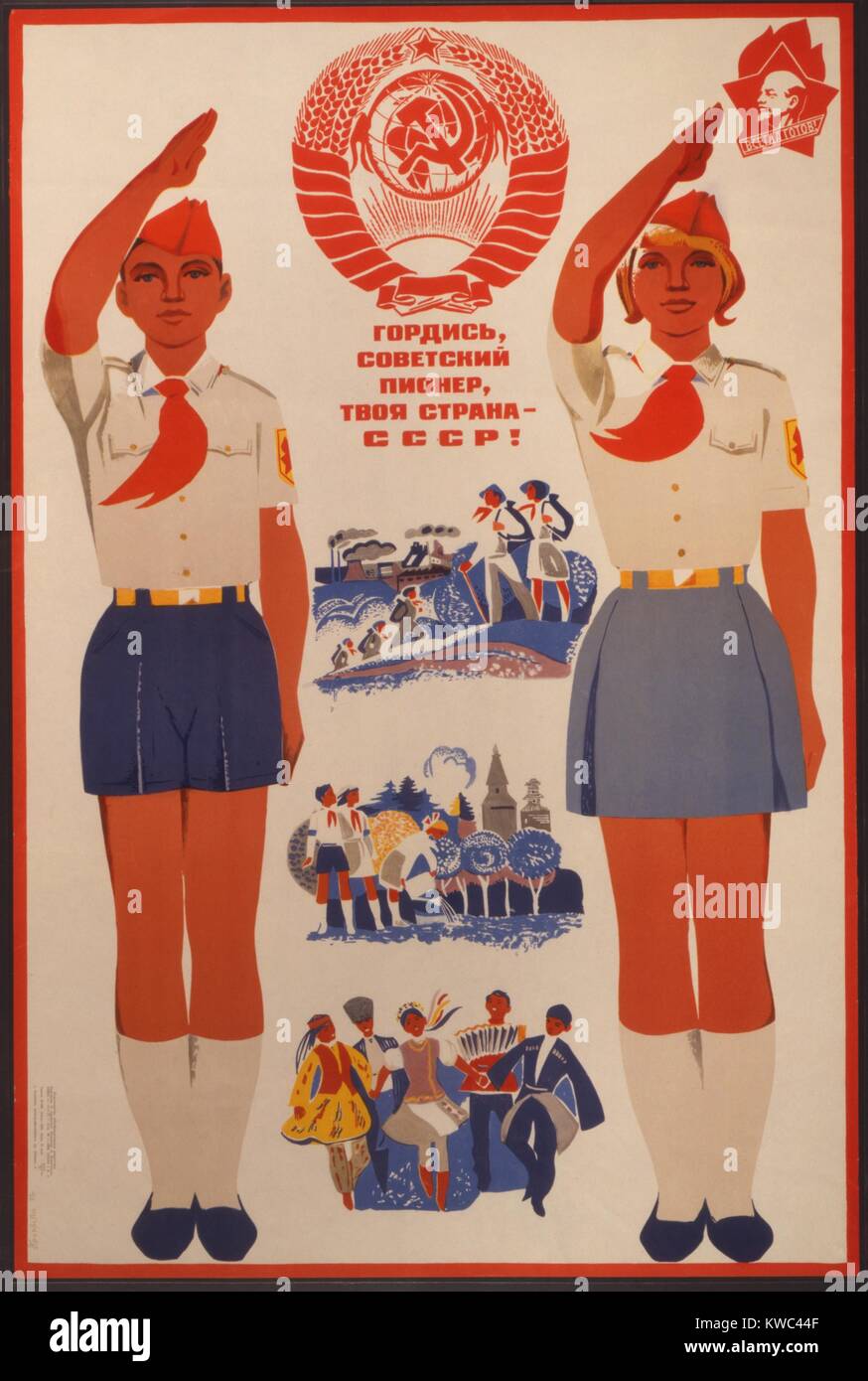Soviet Russian poster celebrating the Young Pioneer Organization. Illustration depicts teenage boy and girl wearing red scarf and scouting uniforms giving the Pioneer salute. Three scenes between them depicting Young Pioneer activities. 1971. (BSLOC 2015 14 7) Stock Photo
