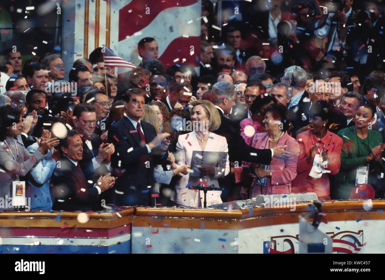 1996 Democratic National Convention in Chicago, Aug. 26-29. President Bill Clinton, Hillary Clinton, Vice President Al Gore, Senator Paul Simon and others on stage celebrating the nomination of Bill Clinton. (BSLOC_2015_14_81) Stock Photo