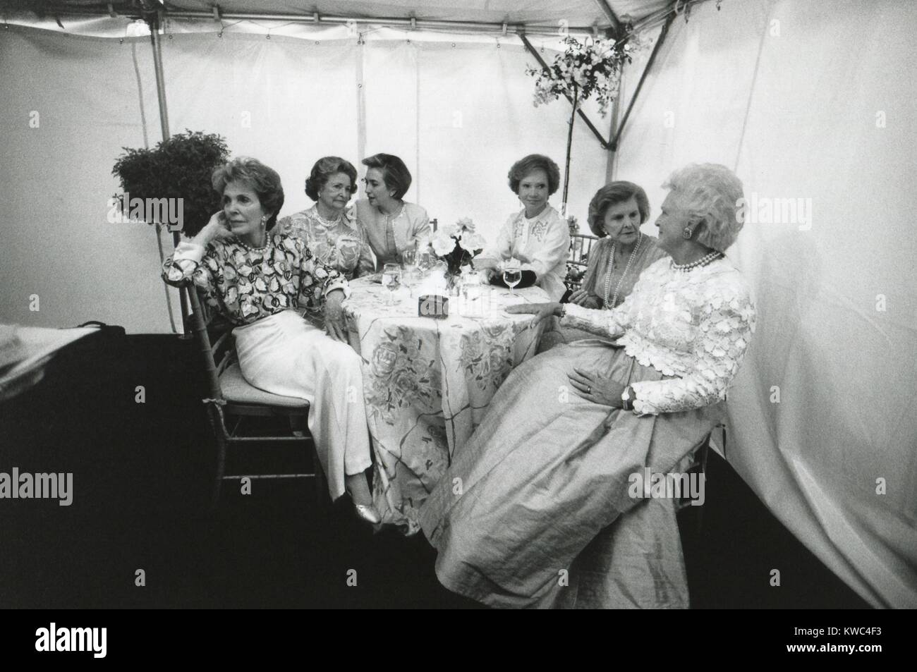 National Garden Gala, 'A Tribute to America's First Ladies' at the U.S. Botanical Garden. May 11, 1994. First Ladies, L-R: Nancy Reagan, Ladybird Johnson, Hillary Rodham Clinton, Rosalyn Carter, Betty Ford, and Barbara Bush. (BSLOC 2015 2 191) Stock Photo