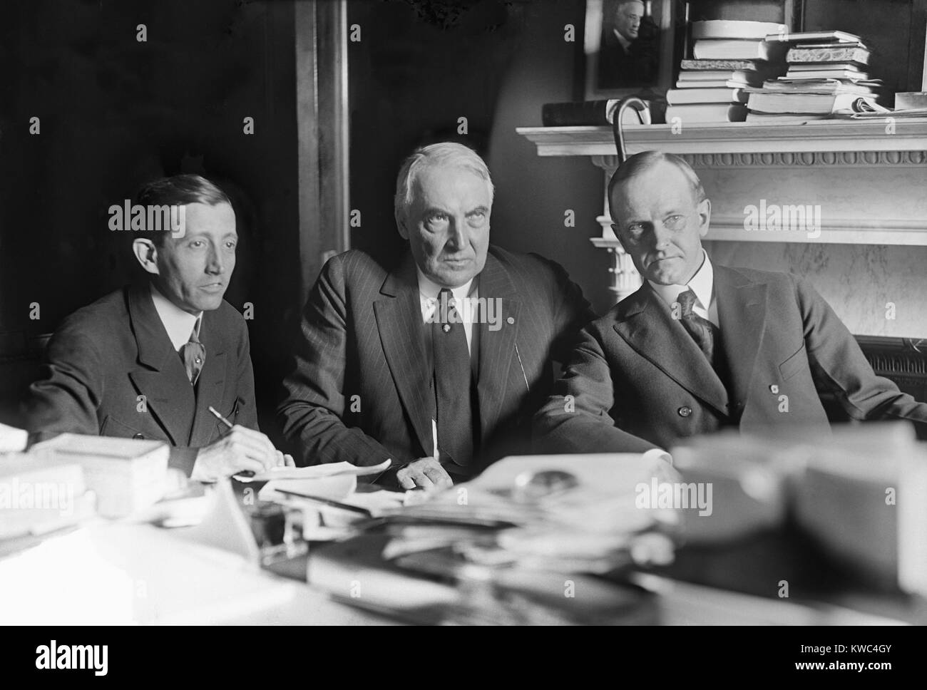 Will Hays, with Warren Harding and Calvin Coolidge. June 20, 1920. Hays was Chairman of the Republican National Committee from 1918–21, and managed Senator Warren Harding's successful campaign for the Presidency in 1920. Hays briefly served as Postmaster General, before becoming President of the Motion Picture Producers and Distributors of America in 1922. (BSLOC 2015 15 38) Stock Photo
