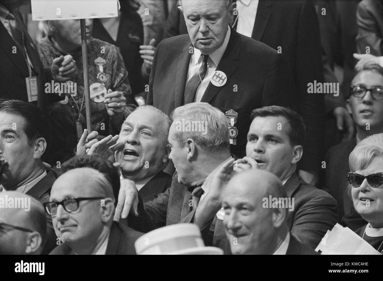 Chicago Mayor Richard Daley swearing at Senator Ribicoff during at the 1968 Democratic Convention. Ribicoff's speech criticized the 'Gestapo tactics' of the Chicago police against anti-Vietnam war protesters. Aug. 28, 1968. (BSLOC 2015 2 219) Stock Photo