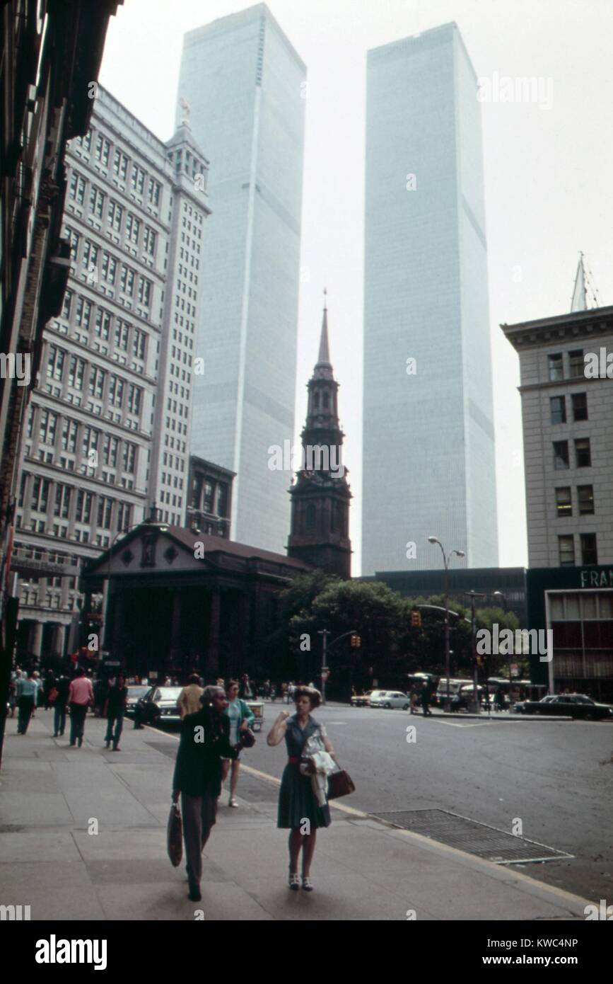 Historic St. Paul's Chapel, built in 1766, on Lower Broadway in the Financial District. Behind looms the Twin Towers of the World Trade Center. Manhattan, New York City, May 1973. (BSLOC 2015 2 38) Stock Photo