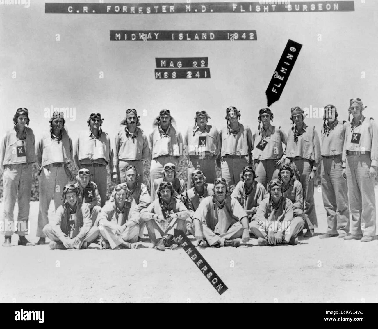 'X' over image of each man who was killed in action in Battle of Midway, June 3-7, 1942. Pilots of Marine Scout Bombing Squadron VMSB 241 on Midway Atoll in 1942. Lofton R. Henderson, Commander of Marine Scout Bombing Squadron 241 was the first Marine Aviator to die during that battle. World War 2. (BSLOC 2015 13 118) Stock Photo
