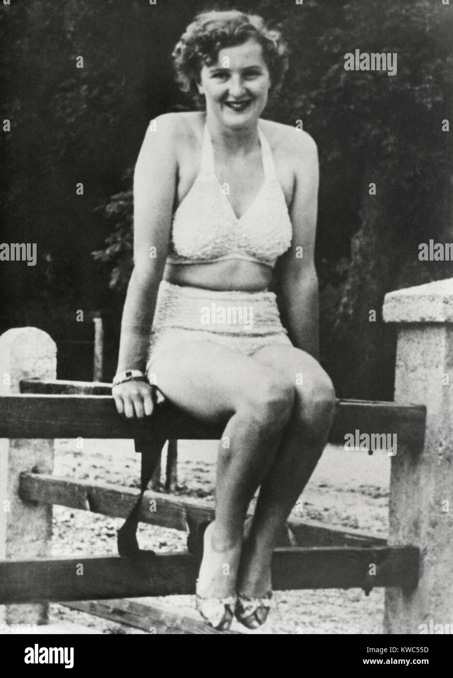 Eva Braun in a two piece bathing suit in the 1930s. Hitler arranged for Braun to work as a photographer for Heinrich Hoffmann, his personal photographer from 1933. The position enabled her to travel with Hitler's entourage, as a photographer for the Nazi Party. (BSLOC 2015 13 59) Stock Photo