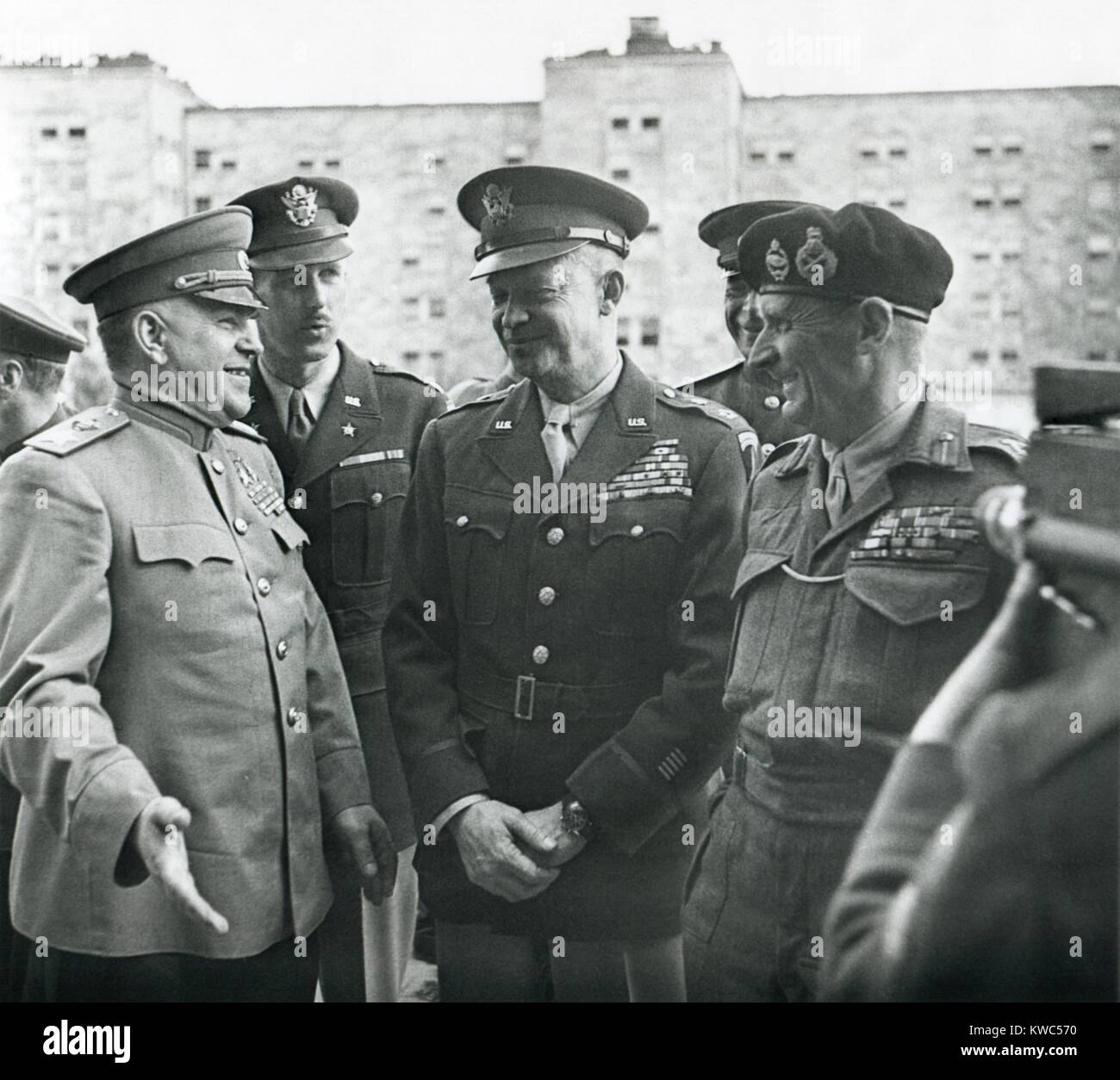 Victorious Allied Commanders, L-R: Georgi Zhukov, Dwight Eisenhower and Field Marshall Montgomery. June 5, 1945 in Berlin, Germany. World War 2 (BSLOC 2015 13 97) Stock Photo