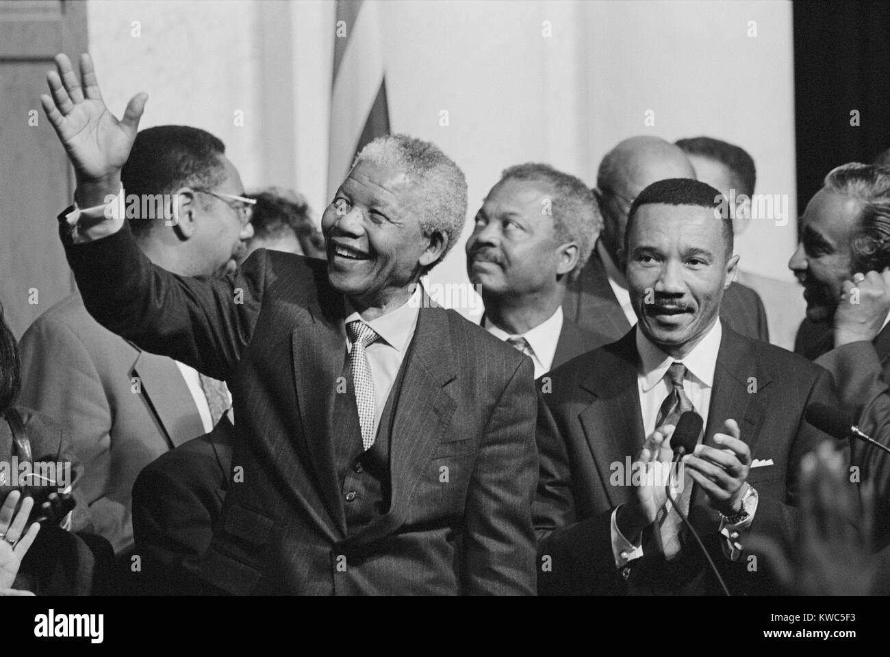 President of South Africa, Nelson Mandela with members of the Congressional Black Caucus. Oct. 4, 1994. Standing beside Mandela is Rep. Kweisi Mfume (born Frizzell Gerald Gray), Maryland Congressman. (BSLOC 2015 14 85) Stock Photo