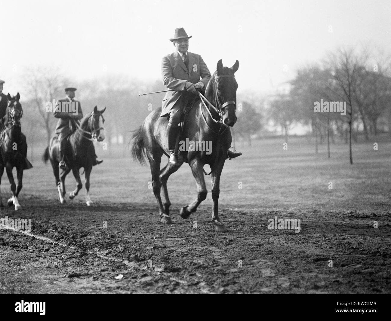 President Warren Harding riding a horse on the Capital Mall, ca. 1921-22. (BSLOC 2015 15 24) Stock Photo