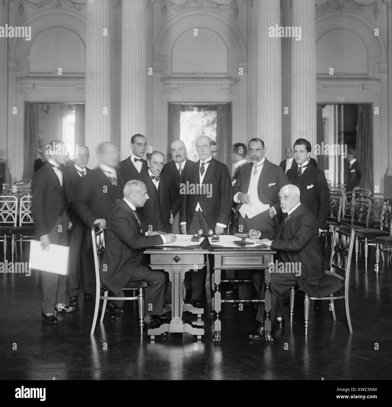 Charles Evans Hughes (center standing) presides at the closing of the Chile-Peruvian conference. July 21, 1922. The two countries were still disputing territory claims from the War of the Pacific (1877-83), which were finally settled in the Treaty of Lima in 1929. (BSLOC 2015 15 56) Stock Photo