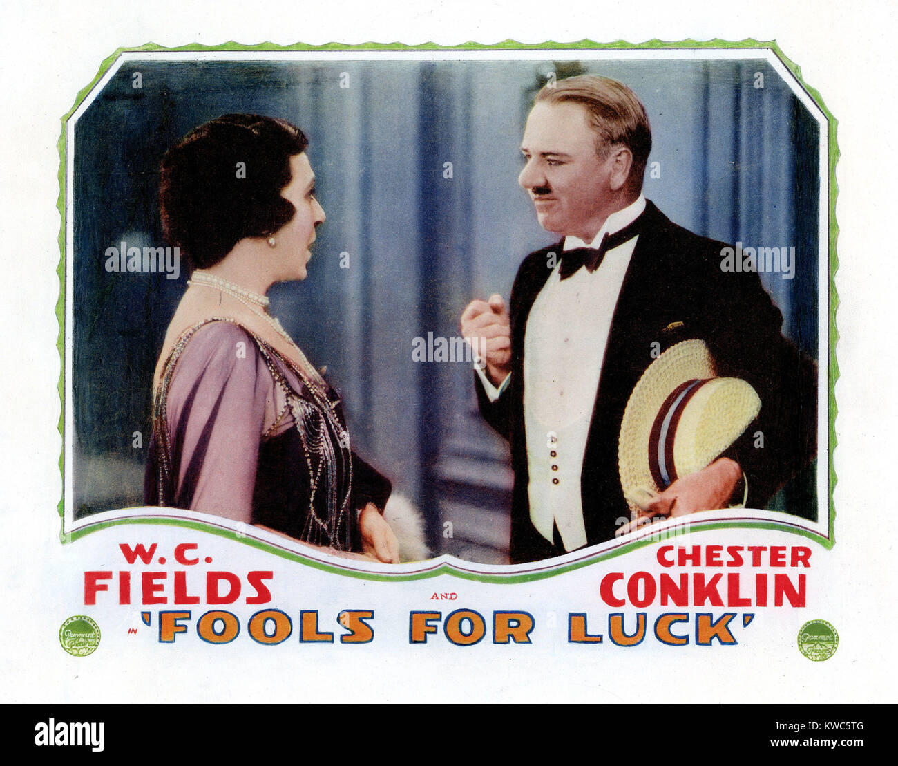 FOOLS FOR LUCK, right: W.C. Fields on lobbycard, 1928. Stock Photo