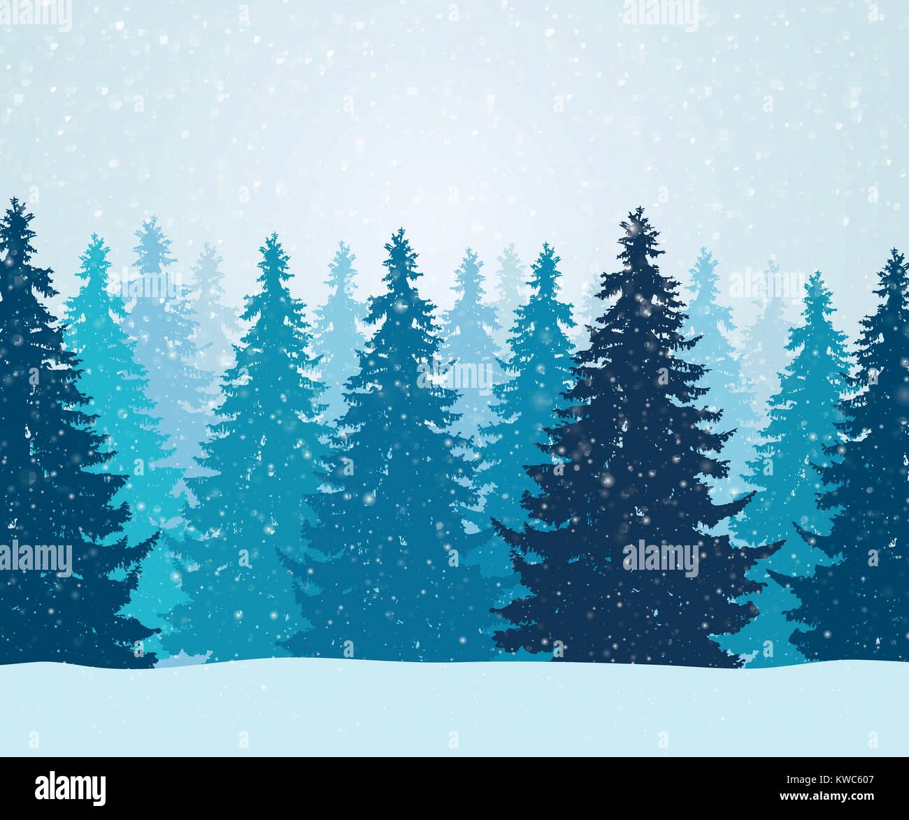 Vector illustration of winter forest with falling snowflakes and blue ...