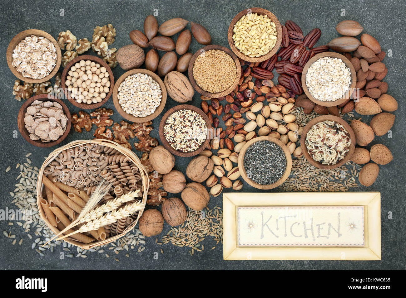 Dried high fiber health food concept with whole wheat pasta, grains