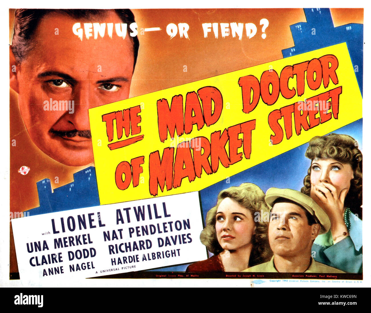 THE MAD DOCTOR OF MARKET STREET, US lobbycard, from left, Lionel Atwill, Anne Nagel, Nat Pendleton, Una Merkel, 1942 Stock Photo