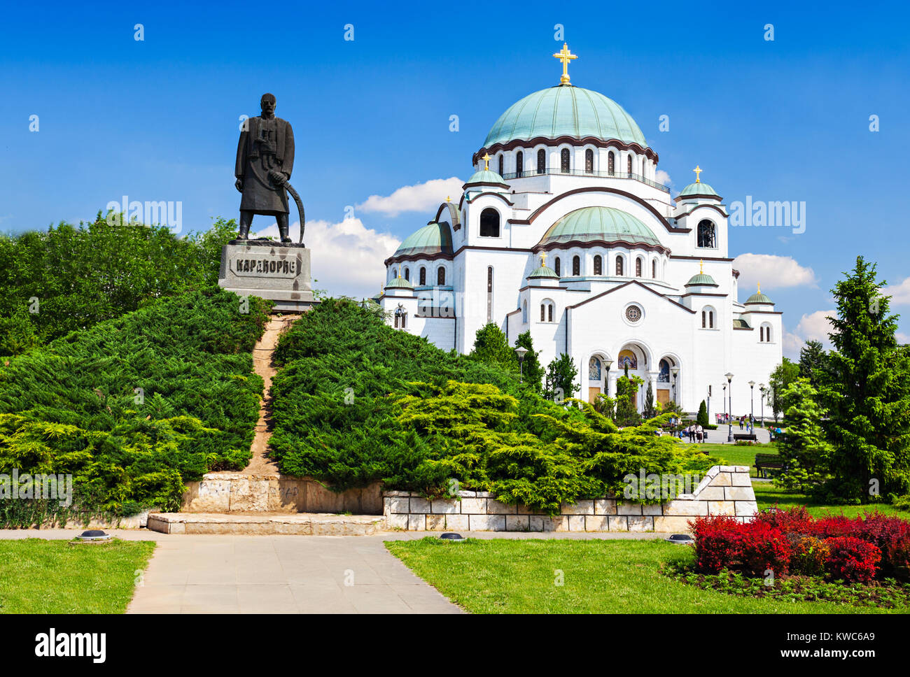 St. Sava Cathedral and Karadjordje (Serbian political leader) statue, Belgrade Stock Photo