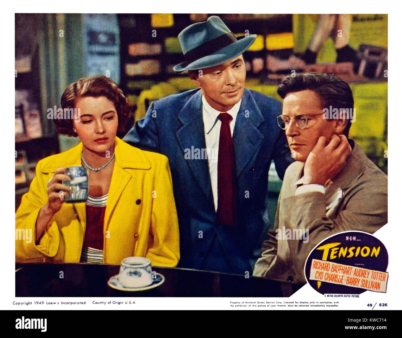 TENSION, US lobbycard, from left: Cyd Charisse, Barry Sullivan, Richard Basehart, 1949 Stock Photo
