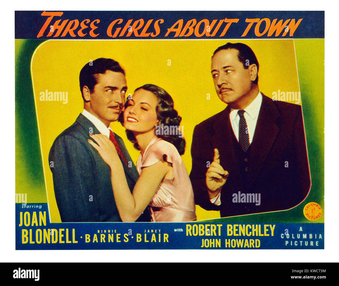 THREE GIRLS ABOUT TOWN, US lobbycard, from left: John Howard, Janet Blair, Robert Benchley, 1941 Stock Photo