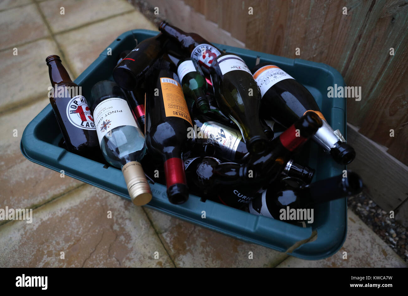 Empty bottles of alcohol lie in a reCycling box after the Christmas period  Stock Photo - Alamy