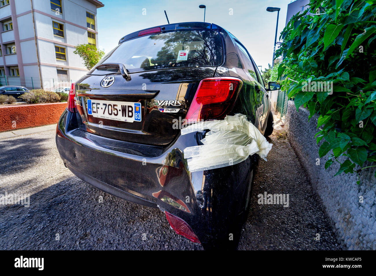 Toulon, France, August 20, 2017: damaged rear bumper repaired with paper tape Stock Photo