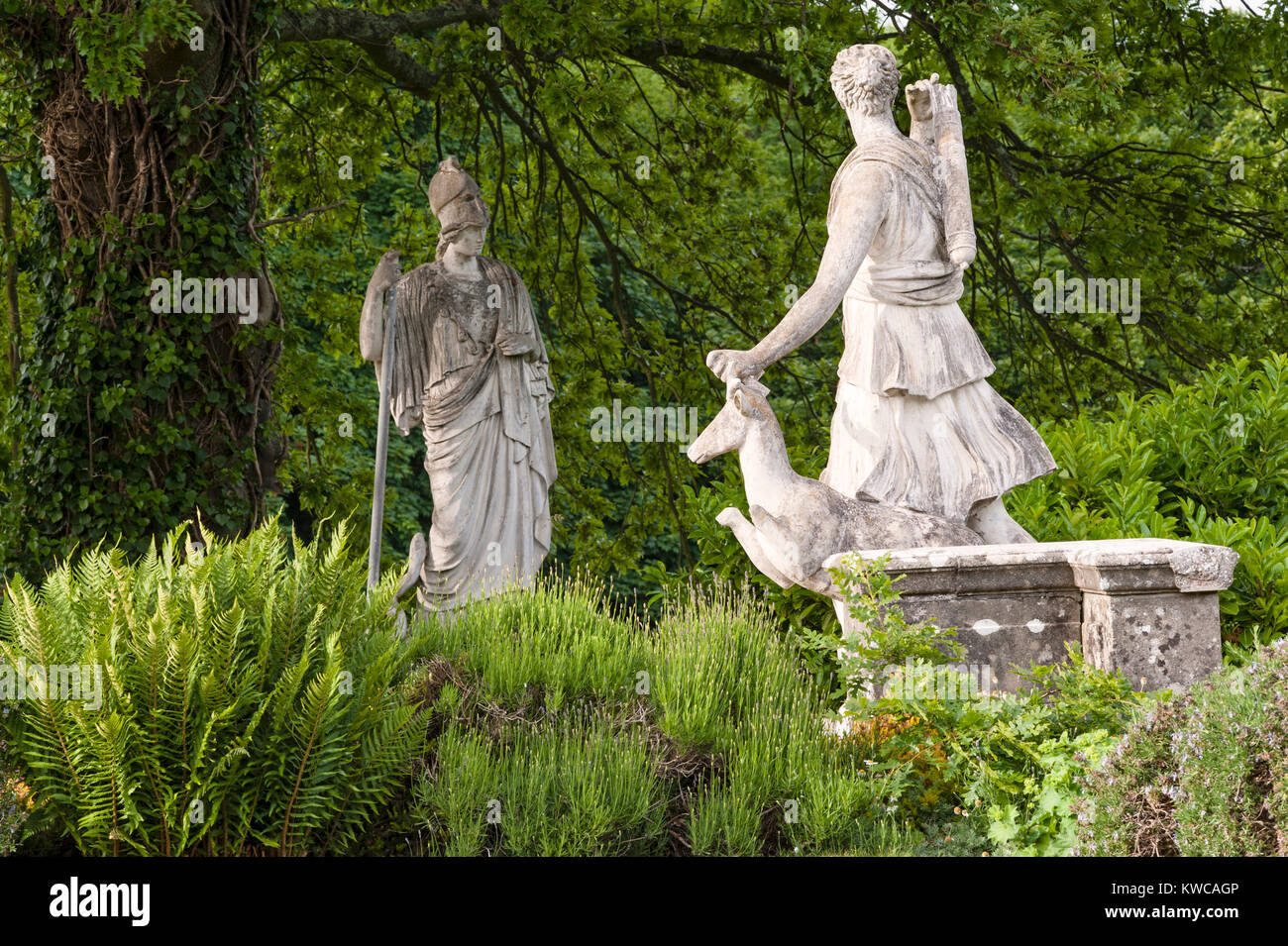 Mount Edgcumbe House, Plymouth, Cornwall, UK. Classical statues in the