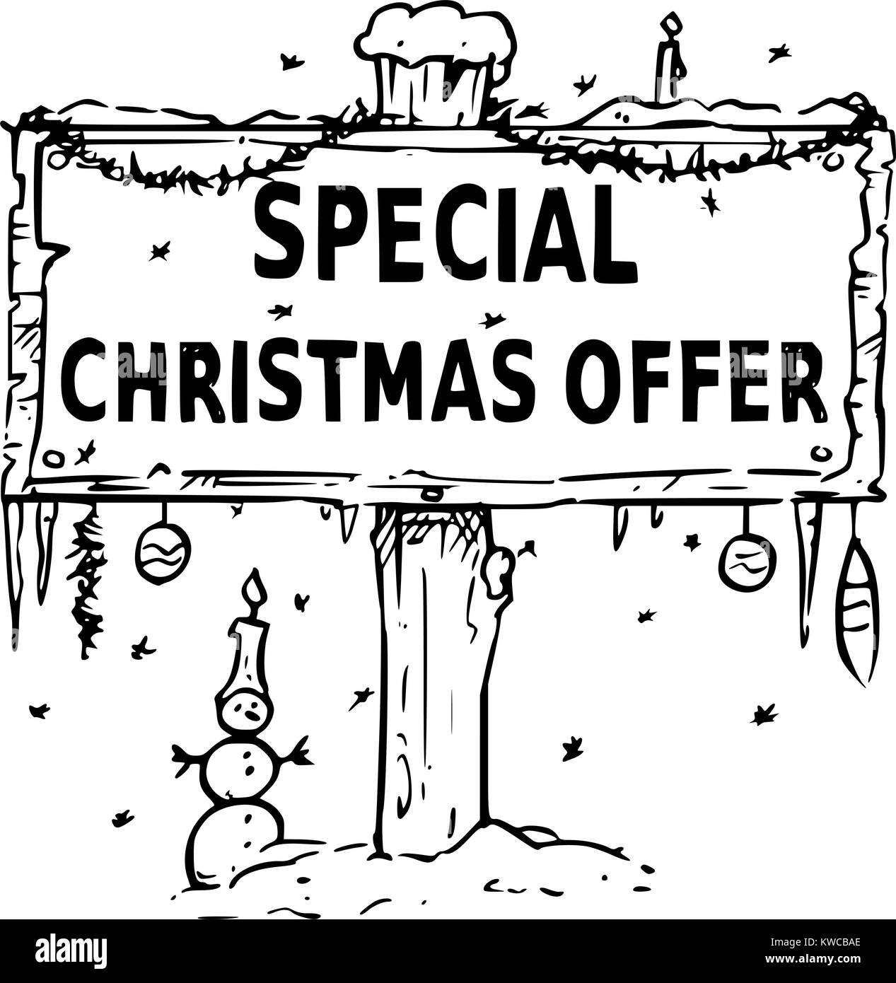 Vector drawing of wooden sign board with business text special christmas offer. Stock Vector