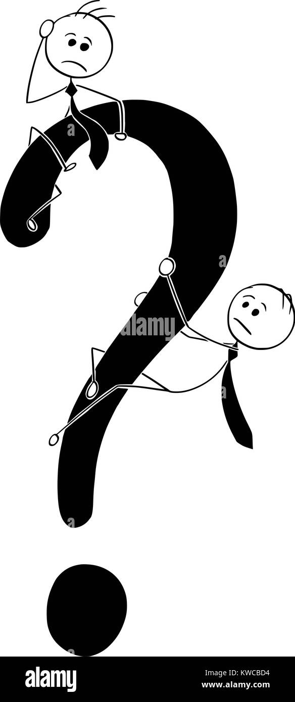 Cartoon stick man drawing conceptual illustration of two business men climbing large question mark symbol. Concept of looking for answers. Stock Vector