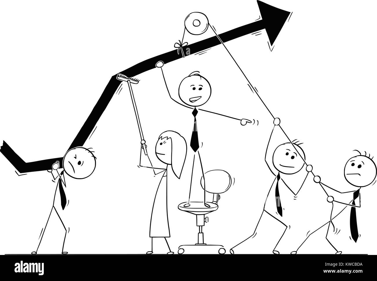 Cartoon stick man drawing conceptual illustration of group of business people working together as team on growth chart to achieve success and profit.  Stock Vector