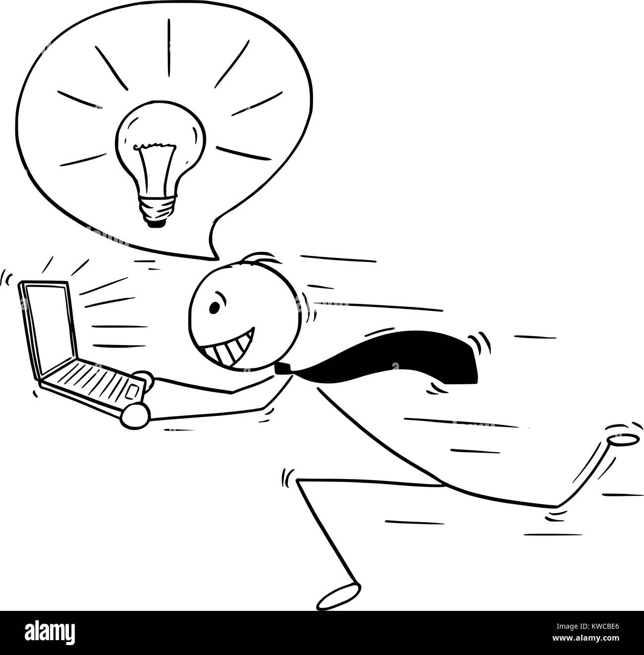 Cartoon stick man drawing conceptual illustration of businessman who got great idea running with laptop notebook computer and light bulb in speech bub Stock Vector